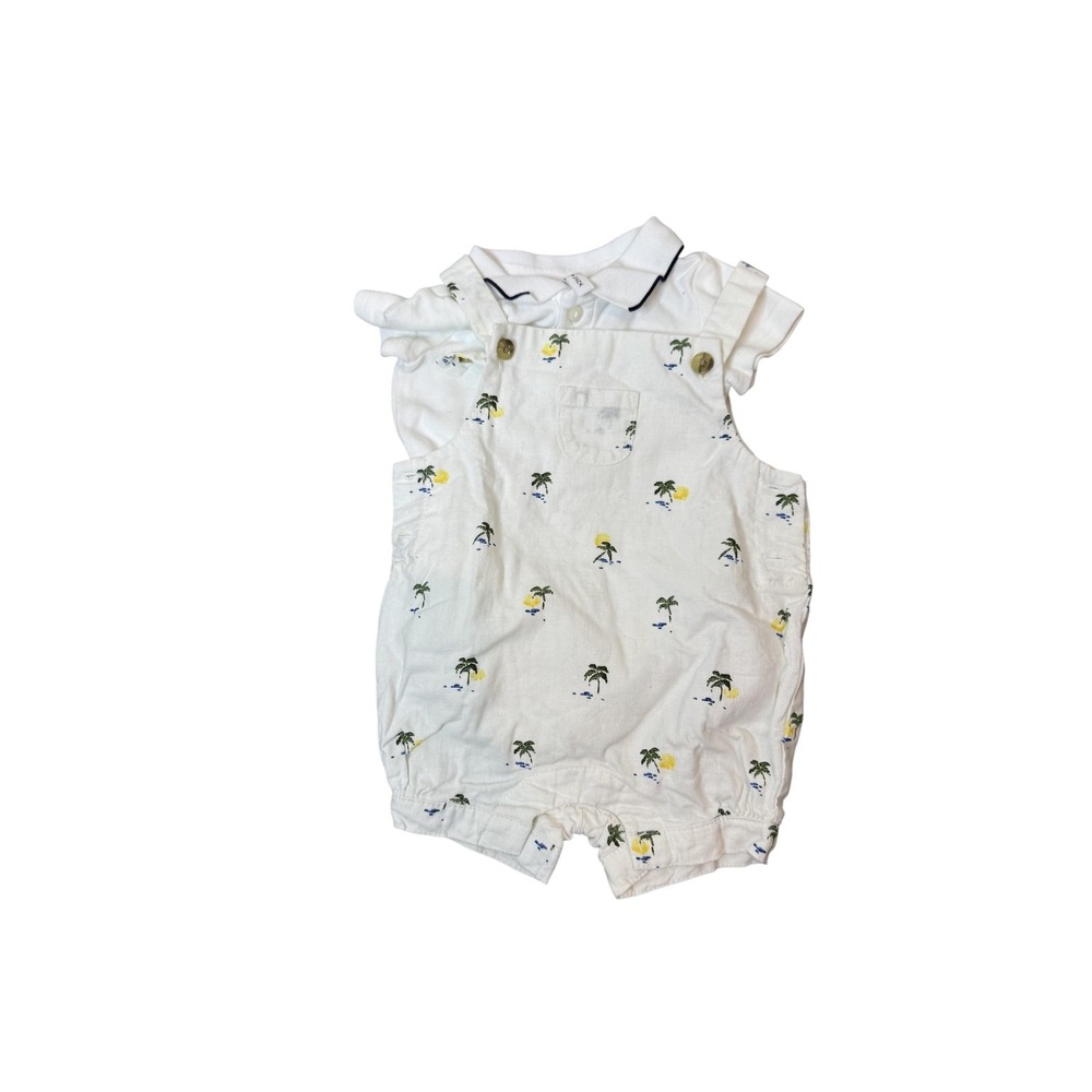 Janie And Jack Overalls Baby‎ Boys 0-3 Months White Palm Tree Linen Shortall Set
